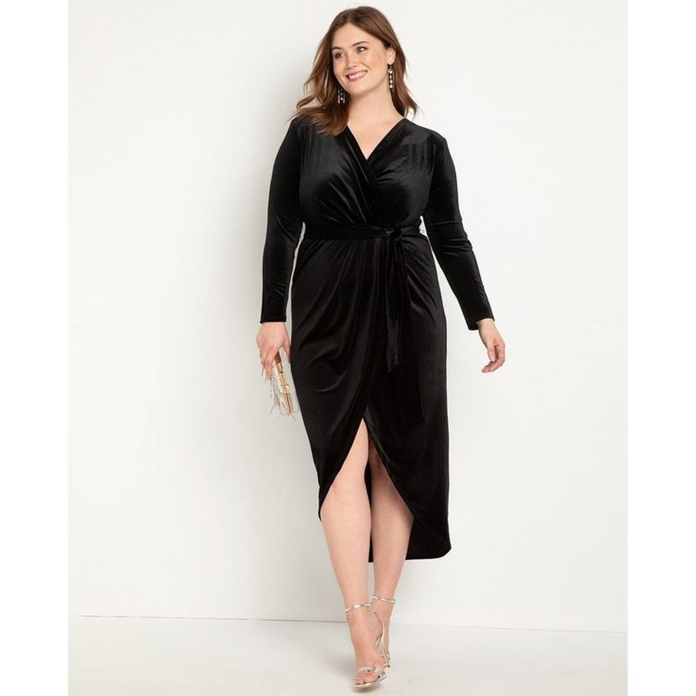 🖤 NEW Eloquii Black Velvet Wrap Dress with Tie 22 ✨